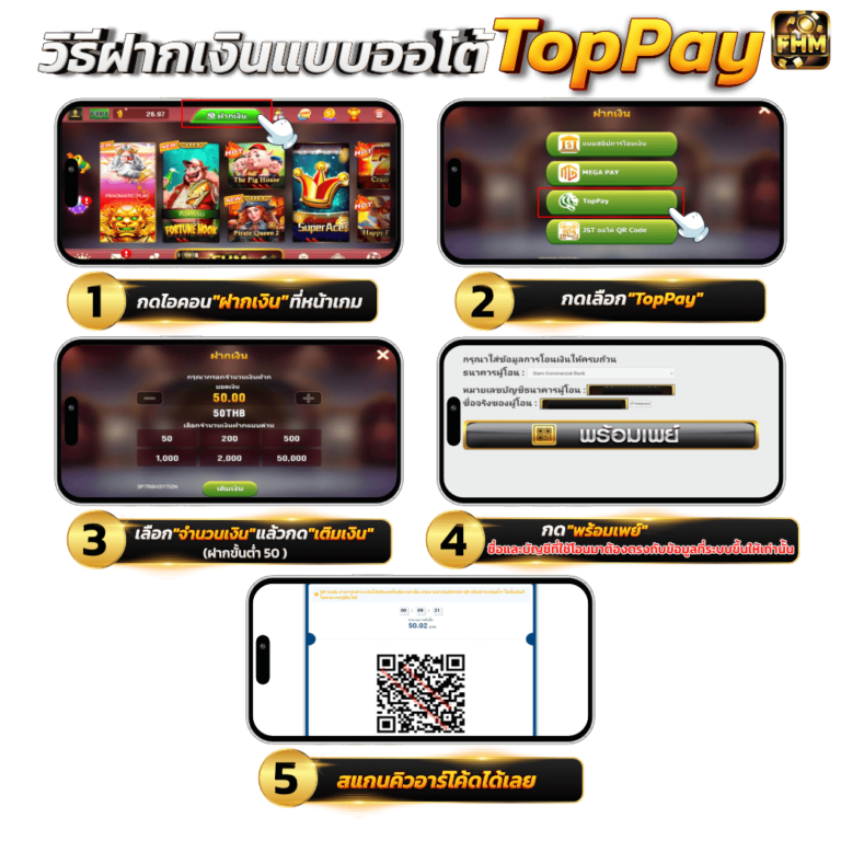 ขั้นตอนการฝากเงินออโต้ผ่านระบบ TopPay ในแอป FHM99 พร้อมสแกน QR Code ง่ายๆ