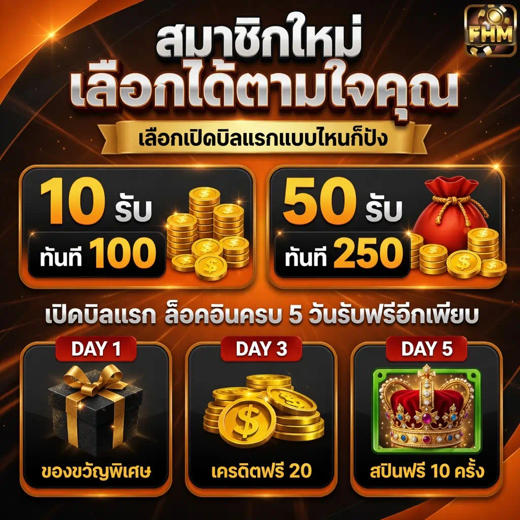 โปรโมชันสมาชิกใหม่ FHM99 ฝาก 10 รับ 100 และ ฝาก 50 รับ 250 พร้อมโบนัสล็อคอินครบ 5 วัน รับเครดิตฟรีและสปินฟรี
