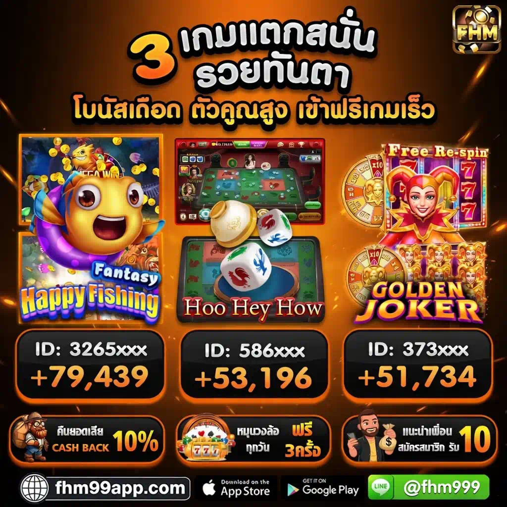 3 เกมแตกสนั่นรวยทันตา FHM99 โบนัสดี ตัวคูณสูง พร้อมทางเข้าเล่นระบบออโต้