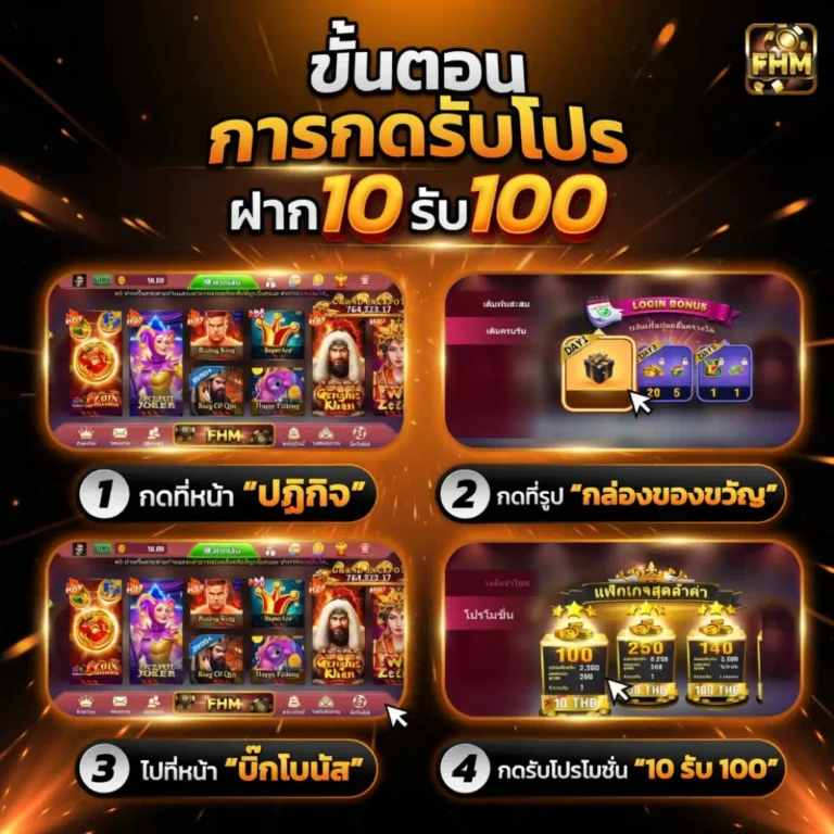 ขั้นตอนกดรับโปรโมชั่น FHM99 ฝาก10รับ100 วิธีรับโบนัสสมาชิกใหม่ สล็อต PG เครดิตฟรี